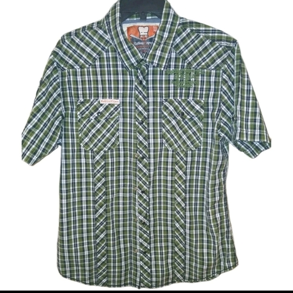 The Rolling Paper Company Green Plaid Button Down Shirt Size: XL Short Sleeved - Picture 1 of 11